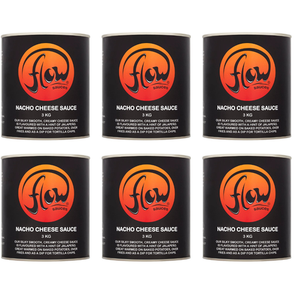 Flow Sauces Nacho Cheese Sauce wholesale case containing 6 x 3kg packs of smooth creamy cheese sauce for nachos, tortilla chips, loaded fries, burgers and professional foodservice