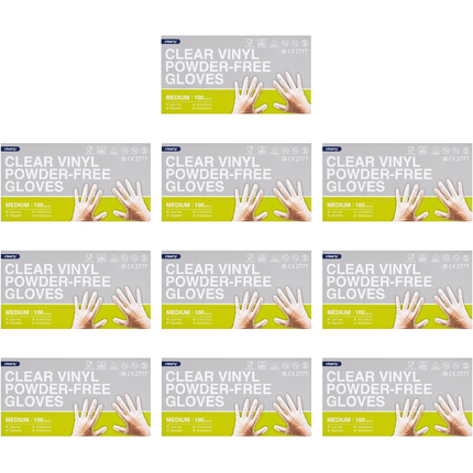 Clearly Clear Medium clear vinyl powder-free disposable gloves, wholesale case of 10 packs containing 100 gloves each