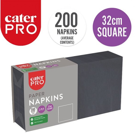 CaterPro black 2-ply paper napkins 200 pack, 32cm square, wholesale catering supplies