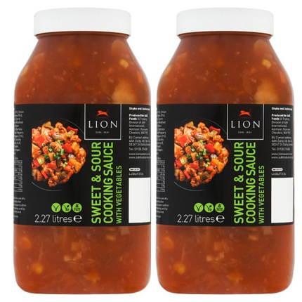 Lion Sweet & Sour Cooking Sauce with Vegetables wholesale case containing 2 x 2.27L packs of sweet and tangy Chinese-style sauce for chicken, pork, beef, seafood and vegetables