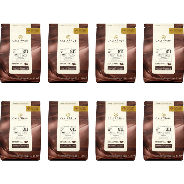 Callebaut Recipe 811 Belgian dark chocolate callets wholesale case containing 8 bags of 2.5kg, 20kg total.