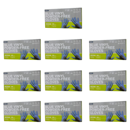 Medium blue powder-free vinyl disposable gloves, wholesale case of 10 packs containing 100 gloves each