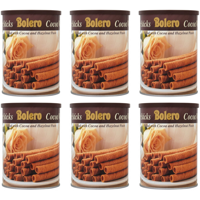 Bolero Cocoa Wafer Sticks wholesale case containing 6 x 400g packs of crispy rolled wafers filled with cocoa and hazelnut cream.