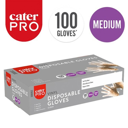 CaterPro Medium clear vinyl disposable gloves, pack of 100 for food handling and catering