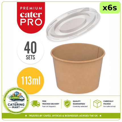 CaterPro Premium 6 x 40 kraft sauce pots with plastic PP lids 113ml, 240 pots for catering and takeaway