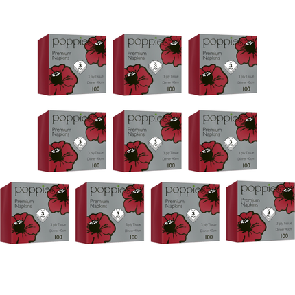 Poppies 10 x 100 3-ply 40cm premium dinner tissue napkins wholesale catering case