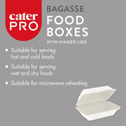 CaterPro 4 x 50 Bagasse Food Boxes with Hinged Lids 229 x 152mm | Wholesale