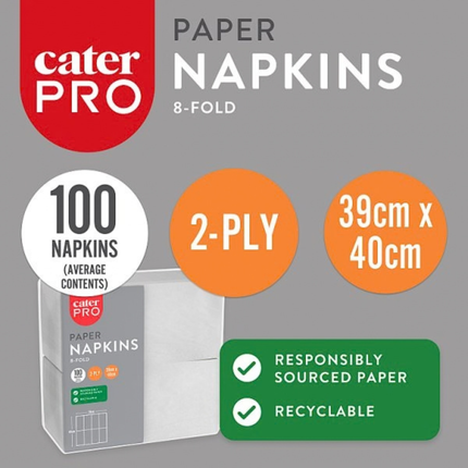 CaterPro White Paper Napkins 20 x 100s 2-Ply 8-Fold 39 x 40mm | Wholesale