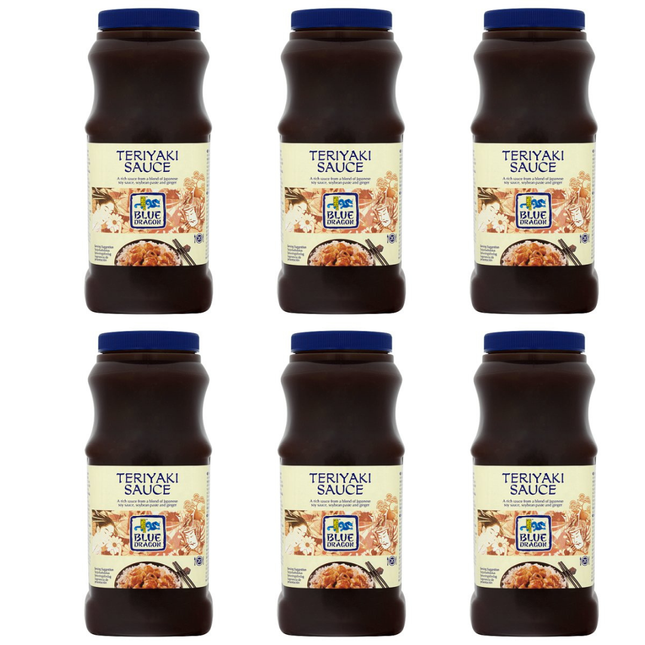 Blue Dragon Teriyaki Sauce wholesale case containing 6 x 1L bottles of rich savoury and sweet teriyaki sauce for marinades, glazes, stir-fries, noodles and Asian dishes