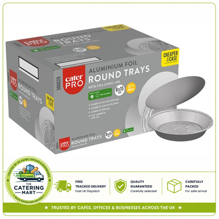 CaterPro 8 x 15 Aluminium Foil Round Trays 227 x 40mm with Foil Lined Lids