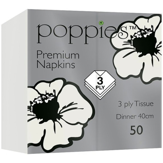 Poppies 50 3-ply 40cm premium dinner tissue napkins for wholesale catering and hospitality
