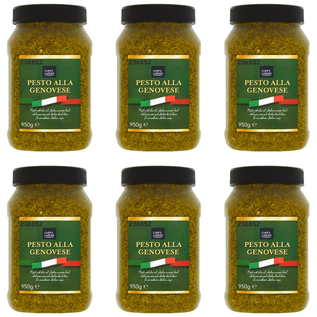 Chef's Larder Pesto Alla Genovese wholesale case containing 6 x 950g jars of Italian-style green pesto for pasta, sauces, sandwiches, salads and catering