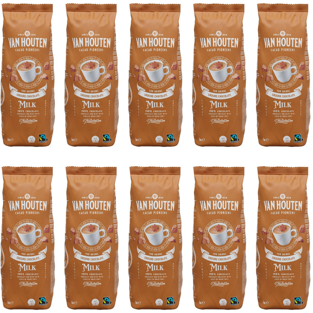 Van Houten Milk Ground Chocolate wholesale case containing 10 x 1kg packs for cafés and catering