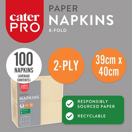 CaterPro Cream Paper Napkins 20 x 100s 2-Ply 8-Fold 39 x 40mm | Wholesale