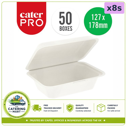 CaterPro Bagasse Food Boxes with Hinged Lids 7 x 5 inch 127 x 178mm wholesale case containing 8 packs of 50 boxes