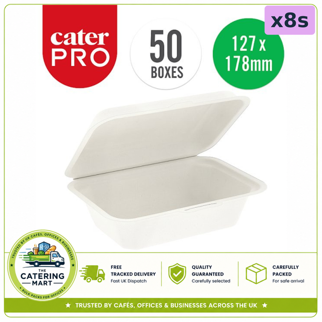 CaterPro Bagasse Food Boxes with Hinged Lids 7 x 5 inch 127 x 178mm wholesale case containing 8 packs of 50 boxes