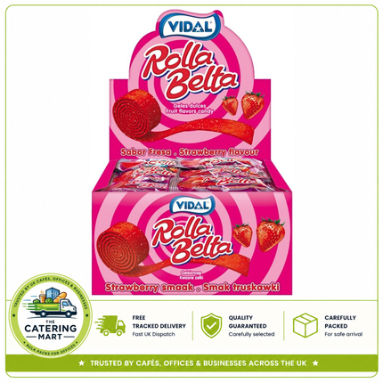 Vidal Rolla Belta Strawberry wholesale display containing 24 individually wrapped approximately 20g fizzy strawberry candy rolls