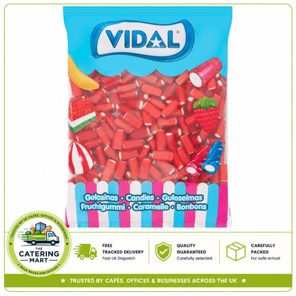 Vidal Mini Strawberry Pencils 1kg wholesale bag containing soft and chewy strawberry flavour pencil-shaped sweets