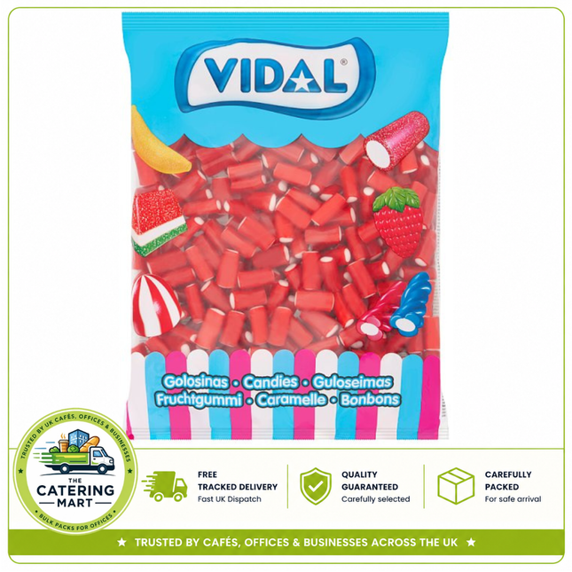 Vidal Mini Strawberry Pencils 1kg wholesale bag containing soft and chewy strawberry flavour pencil-shaped sweets