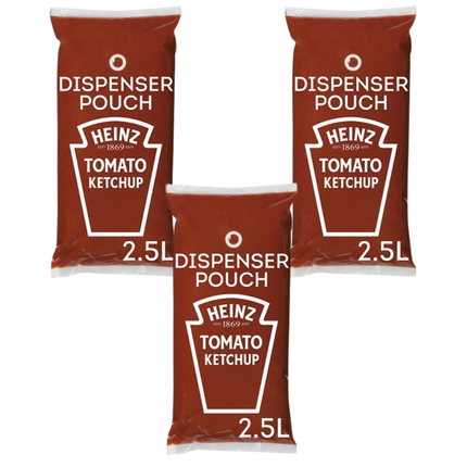 Heinz Tomato Ketchup wholesale case containing 3 x 2.5L packs of classic tomato ketchup for burgers, chips, hot dogs, breakfast dishes and foodservice