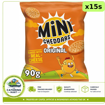 Mini Cheddars Original wholesale case containing 15 x 90g baked cheese snack packs