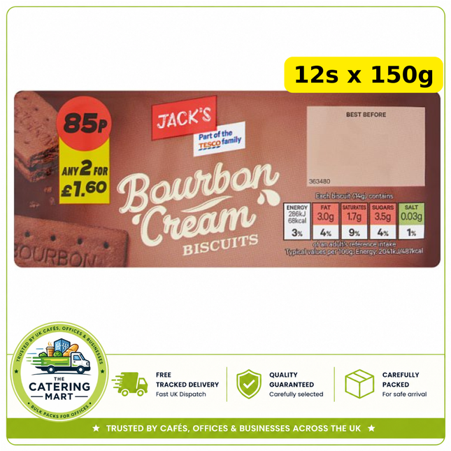 Jack's Bourbon Cream Biscuits wholesale case containing 12 x 150g packs