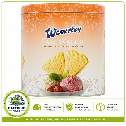Waverley Fan Wafers bulk pack containing 200 crisp wafer biscuits for dessert and ice cream decoration