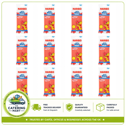 HARIBO Balla Stixx wholesale case containing 12 x 140g sharing bags of chewy strawberry-flavoured sweets