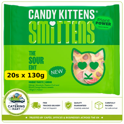 Candy Kittens Smittens Sour Edit wholesale case containing 20 x 130g bags of vegan gourmet sour sweets