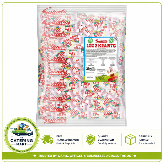 Swizzels Love Hearts Mini Rolls bulk bags containing 3kg of fizzy fruit flavoured sweets