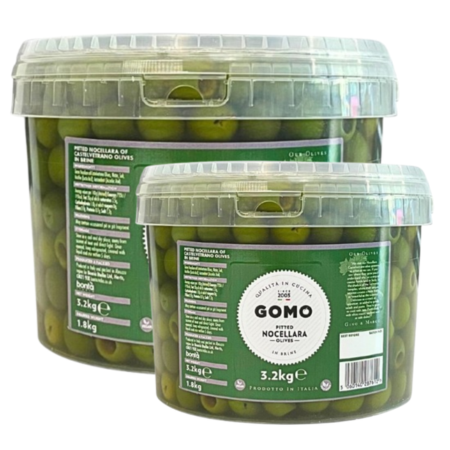 Gomo Pitted Nocellara Olives in Brine wholesale case containing 2 x 3.2kg catering jars
