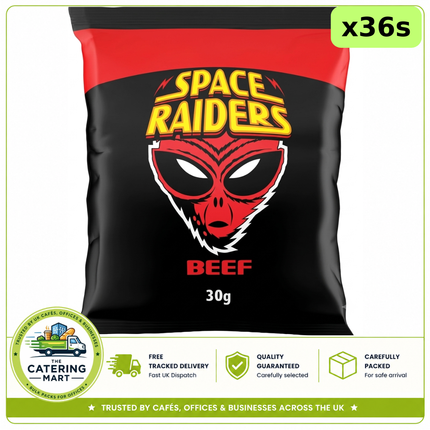 Space Raiders Beef Crisps wholesale case containing 36 x 30g individual snack packs