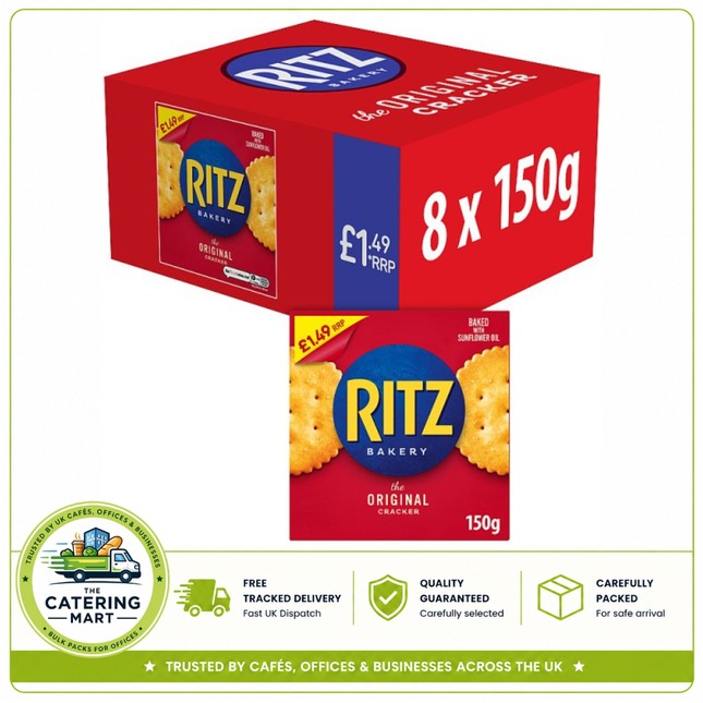 Ritz The Original Baked Crackers wholesale case containing 8 x 150g boxes of classic savoury crackers