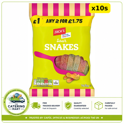 Jack's Sour Snakes 10 x 145g wholesale case of colourful tangy sour snake-shaped jelly sweets
