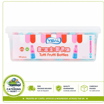 Vidal Sweets R' Fun Tutti Frutti Bottles 720g pack containing 120 pieces of soft chewy tutti frutti flavoured sweets