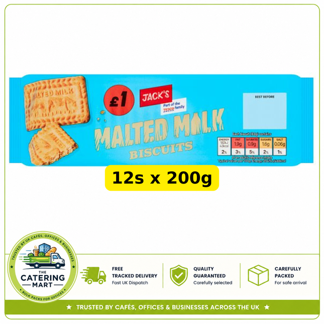 Jack's Malted Milk Biscuits wholesale case containing 12 x 200g packs of crisp sweet malted milk biscuits