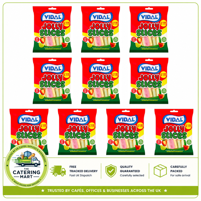 Vidal Jolly Slices Strawberry Lime and Watermelon Flavour wholesale case containing 10 x 140g bags of fruity jelly sweets