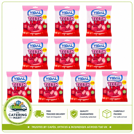 Vidal Teeth & Lips Strawberry Flavour wholesale case containing 10 x 140g bags of novelty chewy sweets