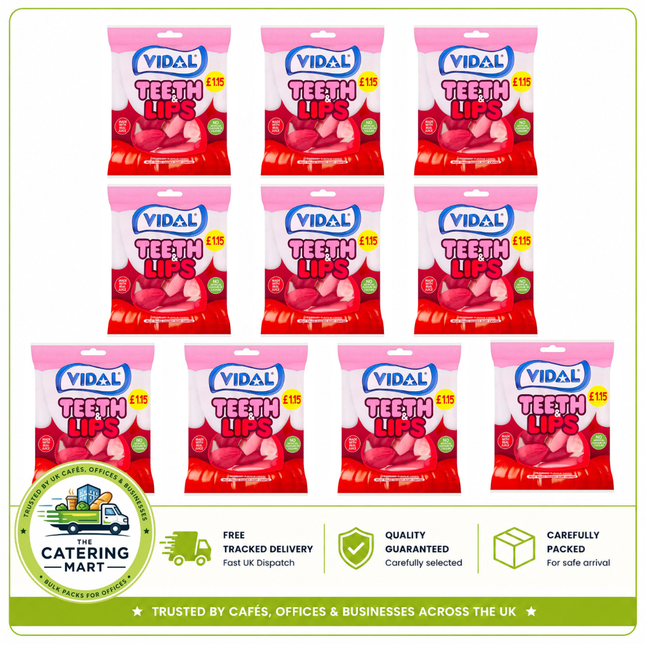 Vidal Teeth & Lips Strawberry Flavour wholesale case containing 10 x 140g bags of novelty chewy sweets