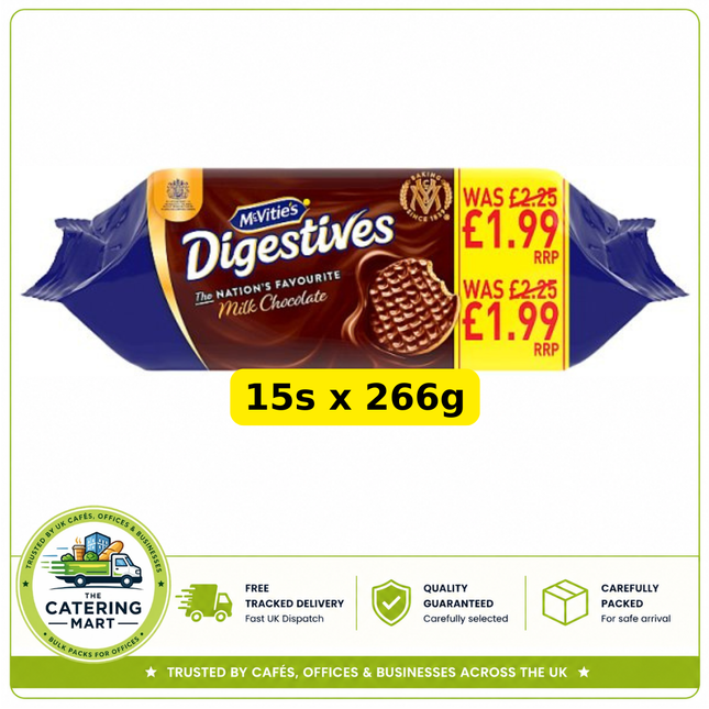 McVitie's Milk Chocolate Digestive Biscuits wholesale case containing 15 x 266g packs of milk chocolate digestive biscuits