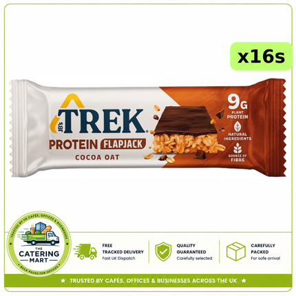 TREK Cocoa Oat Protein Flapjack wholesale case containing 16 x 50g protein snack bars