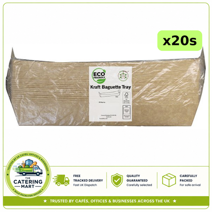 Ecopac 20 x 25 kraft baguette trays, 500 disposable trays for wholesale takeaway food packaging