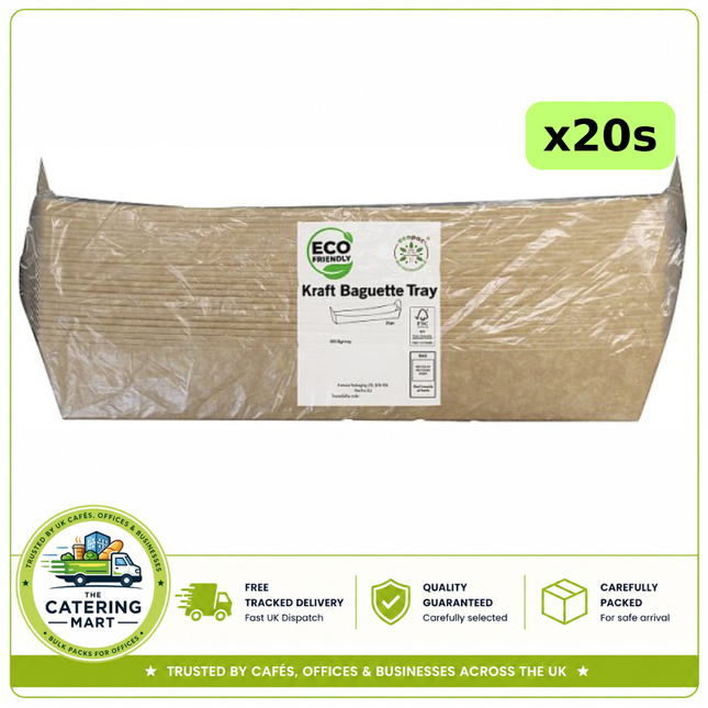 Ecopac 20 x 25 kraft baguette trays, 500 disposable trays for wholesale takeaway food packaging