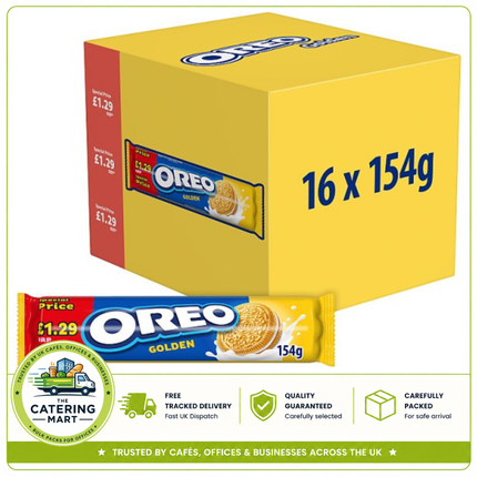 OREO Golden Sandwich Biscuits wholesale case containing 16 x 154g roll packs with vanilla creme filling