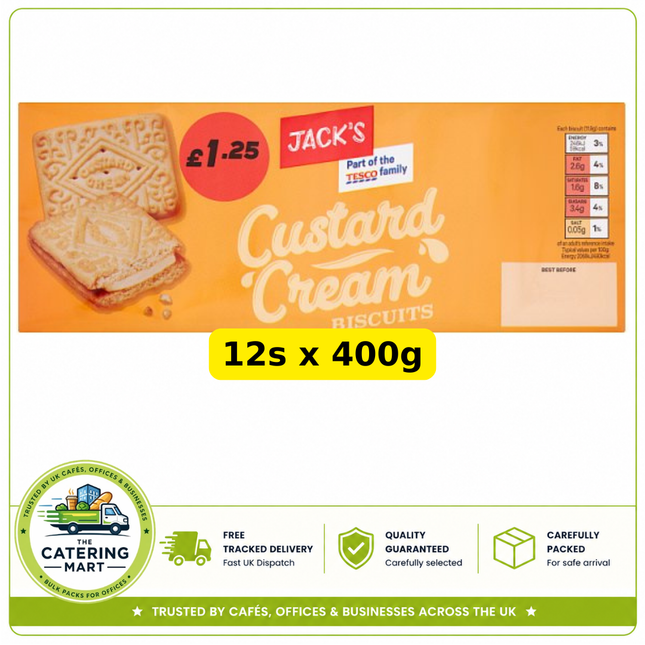 Jack's Custard Cream Biscuits wholesale case containing 12 x 400g packs of classic vanilla cream sandwich biscuits