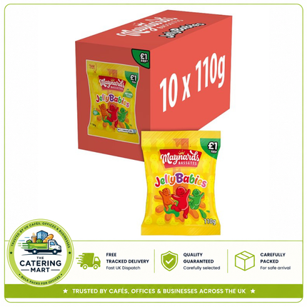 Maynards Bassetts Jelly Babies wholesale case containing 10 x 110g bags of soft fruit-flavoured jelly sweets