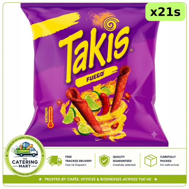 Takis Fuego Chilli and Lime flavour corn snacks wholesale case containing 21 x 55g packs