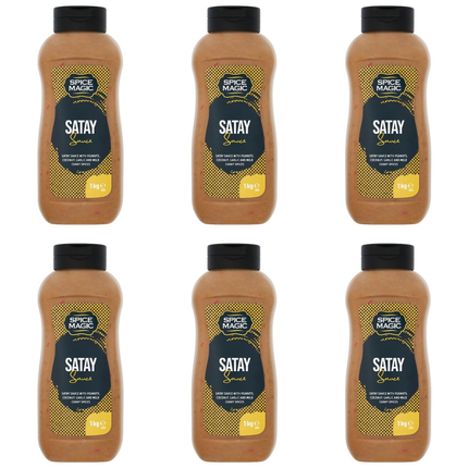 Spice Magic Satay Sauce wholesale case containing 6 x 1kg packs of rich savoury satay sauce with nutty flavour for chicken, meat skewers, dipping and Asian-inspired dishes