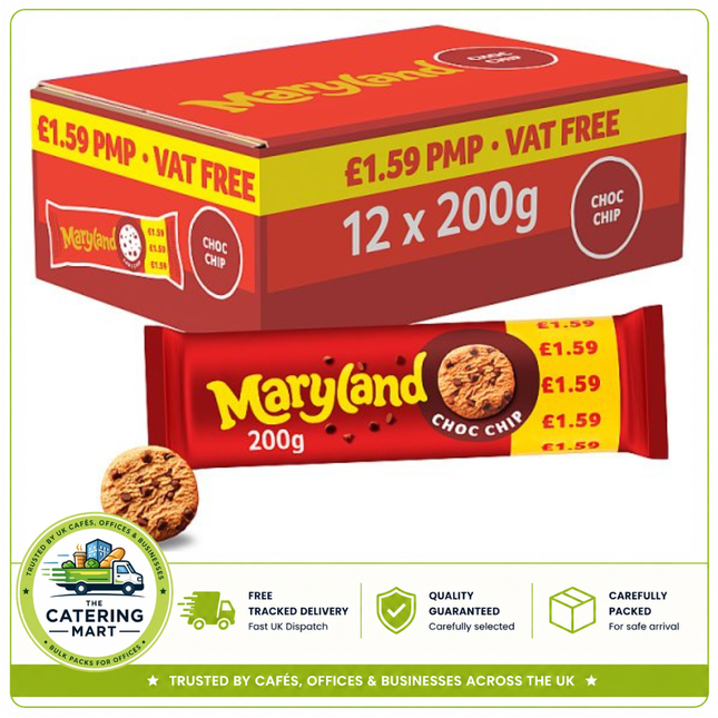 Maryland Cookies Chocolate Chip Biscuits wholesale case containing 12 x 200g packs of chocolate chip cookies