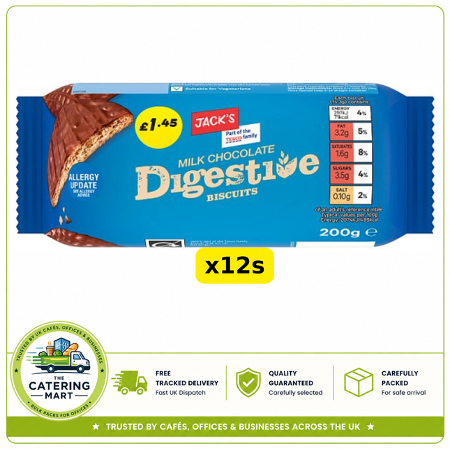 Jack's Milk Chocolate Digestive Biscuits wholesale case containing 12 x 200g packs of chocolate digestive biscuits